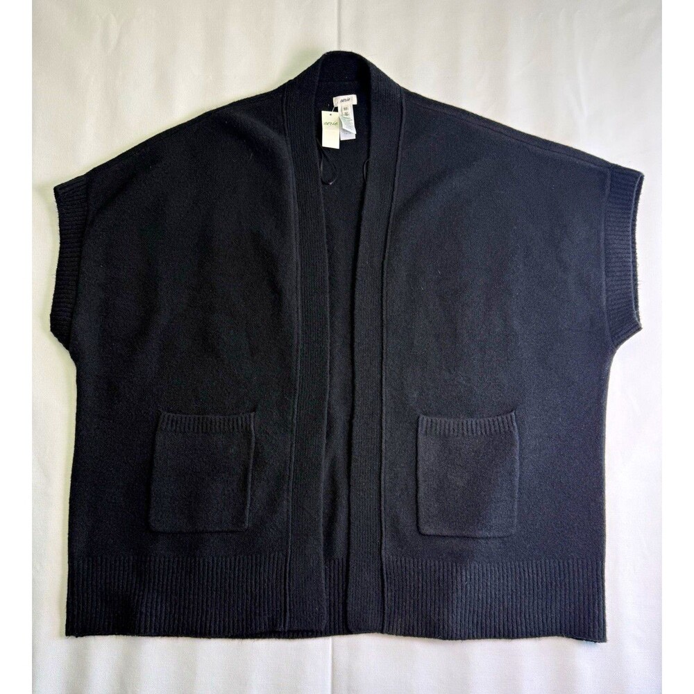 Aerie Black Solid Open Front Sleeveless Knit Cardigan Sweater Pockets XS